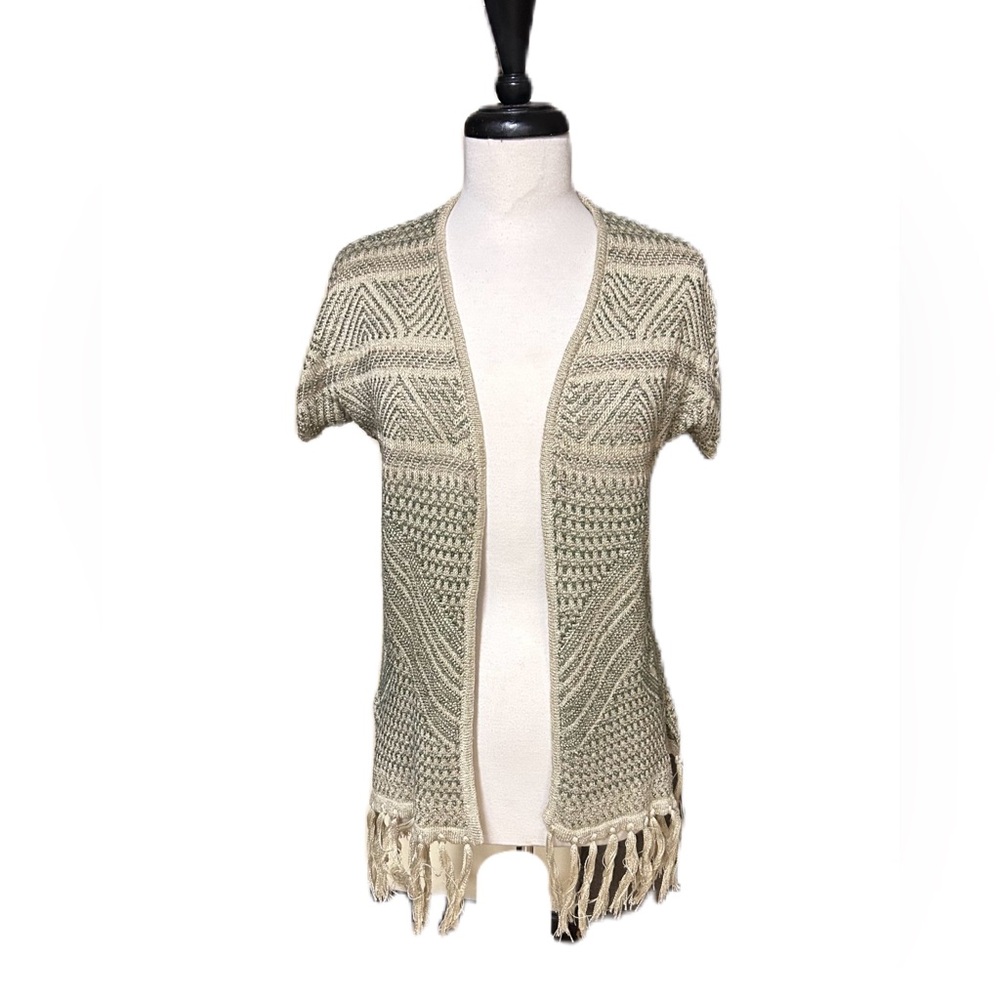 Natural Reflections Open Fringed Cardigan Boho Sweater Neutral Sz Small Beachy